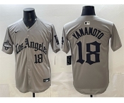 Men's Los Angeles Dodgers #18 Yoshinobu Yamamoto Grey LA Gothic Style With 2025 World Series Champions Patch Limited Stitched Baseball Jersey