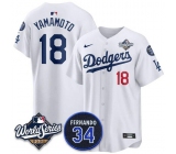 Men's Los Angeles Dodgers #18 Yoshinobu Yamamoto White 2025 World Series With No. 34 Patch Limited Stitched Jersey Men's Los Angeles Dodgers #18 Yoshinobu Yamamoto White 2025 World Series With No. 34 Patch Limited Stitched Jersey