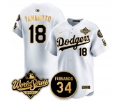 Men's Los Angeles Dodgers #18 Yoshinobu Yamamoto White Gold 2025 World Series With No.34 Patch Limited Stitched Baseball Jersey Men's Los Angeles Dodgers #18 Yoshinobu Yamamoto White Gold 2025 World Series With No.34 Patch Limited Stitched Baseball Jersey
