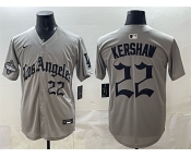 Men's Los Angeles Dodgers #22 Clayton Kershaw Grey LA Gothic Style With 2025 World Series Champions Patch Limited Stitched Baseball Jersey