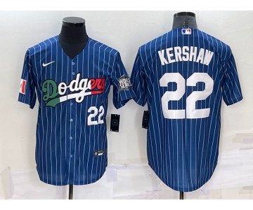 Men's Los Angeles Dodgers #22 Clayton Kershaw Number Navy Blue Pinstripe 2020 World Series Cool Base Nike Jersey