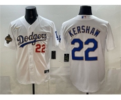 Men's Los Angeles Dodgers #22 Clayton Kershaw White 2025 World Series Champions Patch Stitched Baseball Jersey