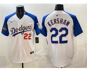 Men's Los Angeles Dodgers #22 Clayton Kershaw White Royal 2025 World Series Champions Patch Limited Stitched Baseball Jersey
