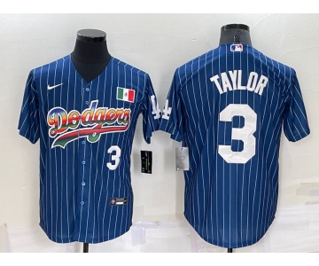 Mens Los Angeles Dodgers #3 Chris Taylor Number Rainbow Blue Red Pinstripe Mexico Cool Base Nike Jersey
