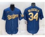 Men's Los Angeles Dodgers #34 Fernando Valenzuela Navy Blue Gold Pinstripe Stitched MLB Cool Base Nike Jersey