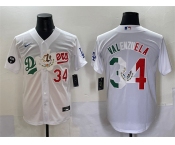 Men's Los Angeles Dodgers #34 Fernando Valenzuela White Mexico Special Vin Scully Patch Stitched Baseball Jersey