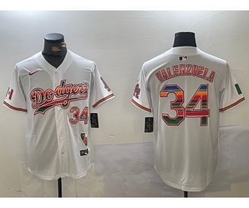 Men's Los Angeles Dodgers #34 Fernando Valenzuela White Rainbow Mexico Cool Base Stitched Fashion Jersey