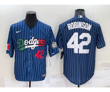 Men's Los Angeles Dodgers #42 Jackie Robinson Number Navy Blue Pinstripe 2020 World Series Cool Base Nike Jersey