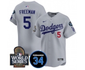 Men's Los Angeles Dodgers #5 Freddie Freeman Grey 2024 World Series With Fernando Memorial Patch Limited Stitched Baseball Jersey
