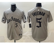 Men's Los Angeles Dodgers #5 Freddie Freeman Grey LA Gothic Style With 2025 World Series Champions Patch Limited Stitched Baseball Jersey