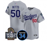 Men's Los Angeles Dodgers #50 Mookie Betts Grey 2024 World Series With Fernando Memorial Patch Limited Stitched Baseball Jersey
