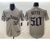 Men's Los Angeles Dodgers #50 Mookie Betts Grey LA Gothic Style With 2025 World Series Champions Patch Limited Stitched Baseball Jersey