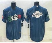 Men's Los Angeles Dodgers Big Logo Navy Blue Pinstripe Stitched MLB Cool Base Nike Jersey5