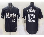 Men's New York Mets #12 Francisco Lindor Black 'Gotham Gothic Edition' Vapor Premier Limited Stitched Baseball Jersey