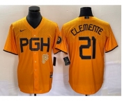 Men's Pittsburgh Pirates #21 Roberto Clemente Gold 2023 City Connect Stitched Jersey 1