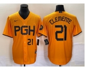Men's Pittsburgh Pirates #21 Roberto Clemente Number Gold 2023 City Connect Stitched Jersey1