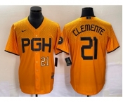 Men's Pittsburgh Pirates #21 Roberto Clemente Number Gold 2023 City Connect Stitched Jersey2