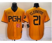 Men's Pittsburgh Pirates #21 Roberto Clemente Number Gold 2023 City Connect Stitched Jersey