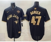 Men's Toronto Blue Jays #47 Addison Barger Black Gold 2025 American League Champions Limited Stitched Jersey Men's Toronto Blue Jays #47 Addison Barger Black Gold 2025 American League Champions Limited Stitched Jersey