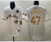 Men's Toronto Blue Jays #47 Addison Barger White Gold 2025 American League Champions Limited Stitched Jersey Men's Toronto Blue Jays #47 Addison Barger White Gold 2025 American League Champions Limited Stitched Jersey