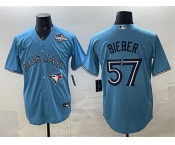 Men's Toronto Blue Jays #57 Shane Bieber Blue 2025 World Series Cool Base Stitched Baseball Jersey Men's Toronto Blue Jays #57 Shane Bieber Blue 2025 World Series Cool Base Stitched Baseball Jersey