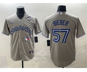 Men's Toronto Blue Jays #57 Shane Bieber Grey 2025 World Series Cool Base Stitched Baseball Jersey Men's Toronto Blue Jays #57 Shane Bieber Grey 2025 World Series Cool Base Stitched Baseball Jersey