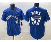 Men's Toronto Blue Jays #57 Shane Bieber Royal 2025 World Series Cool Base Stitched Baseball Jersey Men's Toronto Blue Jays #57 Shane Bieber Royal 2025 World Series Cool Base Stitched Baseball Jersey