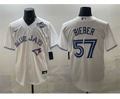 Men's Toronto Blue Jays #57 Shane Bieber White 2025 World Series Home Cool Base Stitched Baseball Jersey Men's Toronto Blue Jays #57 Shane Bieber White 2025 World Series Home Cool Base Stitched Baseball Jersey