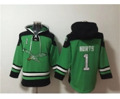Men's Philadelphia Eagles #1 Jalen Hurts Green Ageless Must-Have Lace-Up Pullover Hoodie