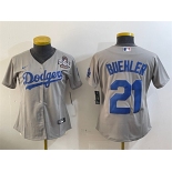 Women's Los Angeles Dodgers #21 Walker Buehler Grey 2024 World Series Cool Base Stitched Baseball Jersey