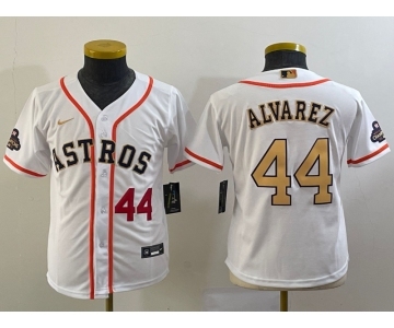 Youth Houston Astros #44 Yordan Alvarez Number 2023 White Gold World Serise Champions Patch Cool Base Stitched Jerseys