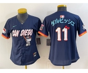 Women's San Diego Padres X Hello Kitty #11 ダルビッシュ Obsidian 2026 City Connect Stadium Stitched Baseball Jersey Women's San Diego Padres X Hello Kitty #11 ダルビッシュ Obsidian 2026 City Connect Stadium Stitched Baseball Jersey