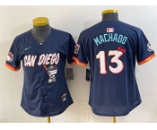 Women's San Diego Padres X Hello Kitty #13 Manny Machado Obsidian 2026 City Connect Stadium Stitched Baseball Jersey Women's San Diego Padres X Hello Kitty #13 Manny Machado Obsidian 2026 City Connect Stadium Stitched Baseball Jersey