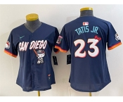 Women's San Diego Padres X Hello Kitty #23 Fernando Tatis Jr. Obsidian 2026 City Connect Stadium Stitched Baseball Jersey Women's San Diego Padres X Hello Kitty #23 Fernando Tatis Jr. Obsidian 2026 City Connect Stadium Stitched Baseball Jersey