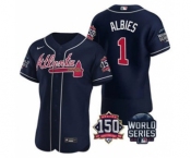 Men's Atlanta Braves #1 Ozzie Albies 2021 Navy World Series Flex Base With 150th Anniversary Patch Baseball Jersey