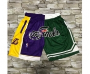 Men's Los Angeles Lakers and Boston Celtics Purle With Green 2008 The Finals Patch Split Hardwood Classics Soul Swingman Throwback Shorts