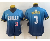 Women's Philadelphia Phillies #3 Bryce Harper Number Blue 2024 City Connect Limited Stitched Jersey