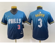Youth Philadelphia Phillies #3 Bryce Harper Number Blue 2024 City Connect Limited Stitched Jersey