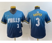 Youth Philadelphia Phillies #3 Bryce Harper Number Blue 2024 City Connect Limited Stitched Jerseys