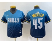 Youth Philadelphia Phillies #45 Zack Wheeler Blue 2024 City Cool Base Stitched Jersey