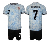 Men's Portugal Team #7 Ronaldo 2024-25 White Blue Away Soccer Jersey Suit Men's Portugal Team #7 Ronaldo 2024-25 White Blue Away Soccer Jersey Suit