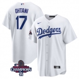 Men's Los Angeles Dodgers #17 Shohei Ohtani White 2024 World Series Champions Cool Base Stitched Baseball Jersey