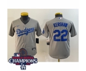 Women Nike Los Angeles Dodgers Clayton Kershaw #22 Gray Flex Base 2024 World Series Champions Stitched MLB Jersey