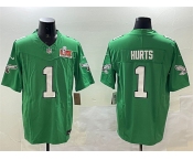 Men's Philadelphia Eagles #1 Jalen Hurts Green 2025 Super Bowl LIX Patch F.U.S.E. Throwback Vapor Untouchable Limited Stitched Football Jersey