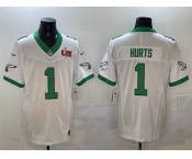 Men's Philadelphia Eagles #1 Jalen Hurts White 2025 Super Bowl LIX Patch F.U.S.E. Vapor Untouchable Limited Stitched Football Jersey