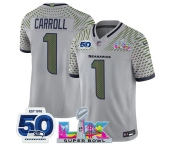 Men's Seattle Seahawks #1 Pete Carroll Gray 2025 F.U.S.E. Super Bowl LX Patch And 50th Season Patch “Rivalries” Vapor Limited Football Stitched Jersey Men's Seattle Seahawks #1 Pete Carroll Gray 2025 F.U.S.E. Super Bowl LX Patch And 50th Season Patch “Rivalries” Vapor Limited Football Stitched Jersey