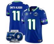 Men's Seattle Seahawks #11 Jaxon Smith-Njigba Royal 2025 F.U.S.E 50th Season Patch Throwback Vapor Limited Football Stitched Jersey