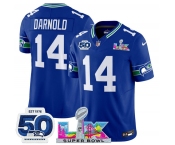 Men's Seattle Seahawks #14 Sam Darnold Royal 2025 F.U.S.E. Super Bowl LX Patch And 50th Season Patch Vapor Throwback Limited Football Stitched Jersey Men's Seattle Seahawks #14 Sam Darnold Royal 2025 F.U.S.E. Super Bowl LX Patch And 50th Season Patch Vapor Throwback Limited Football Stitched Jersey