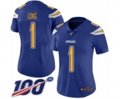Women's Los Angeles Chargers #1 Ty Long Limited Electric Blue Rush Vapor Untouchable 100th Season Football Jersey