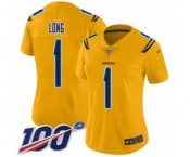 Women's Los Angeles Chargers #1 Ty Long Limited Gold Inverted Legend 100th Season Football Jersey